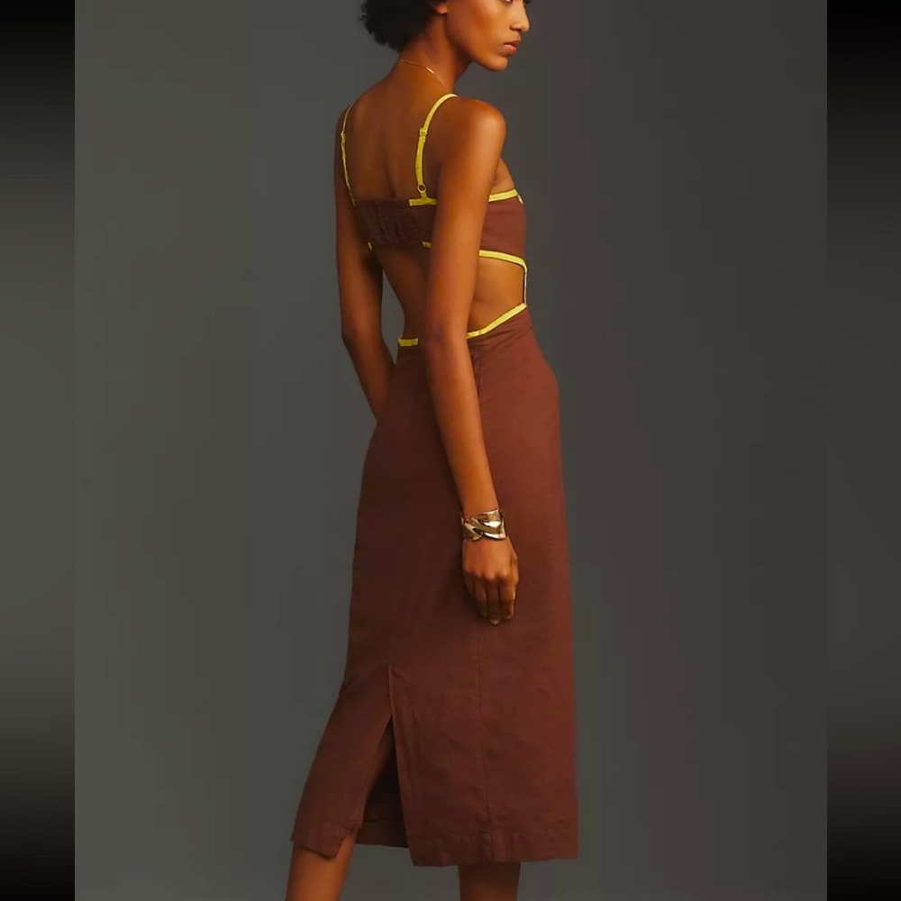Anthropologie Brown Midi Dress with Yellow Trim - Picture 3 of 5